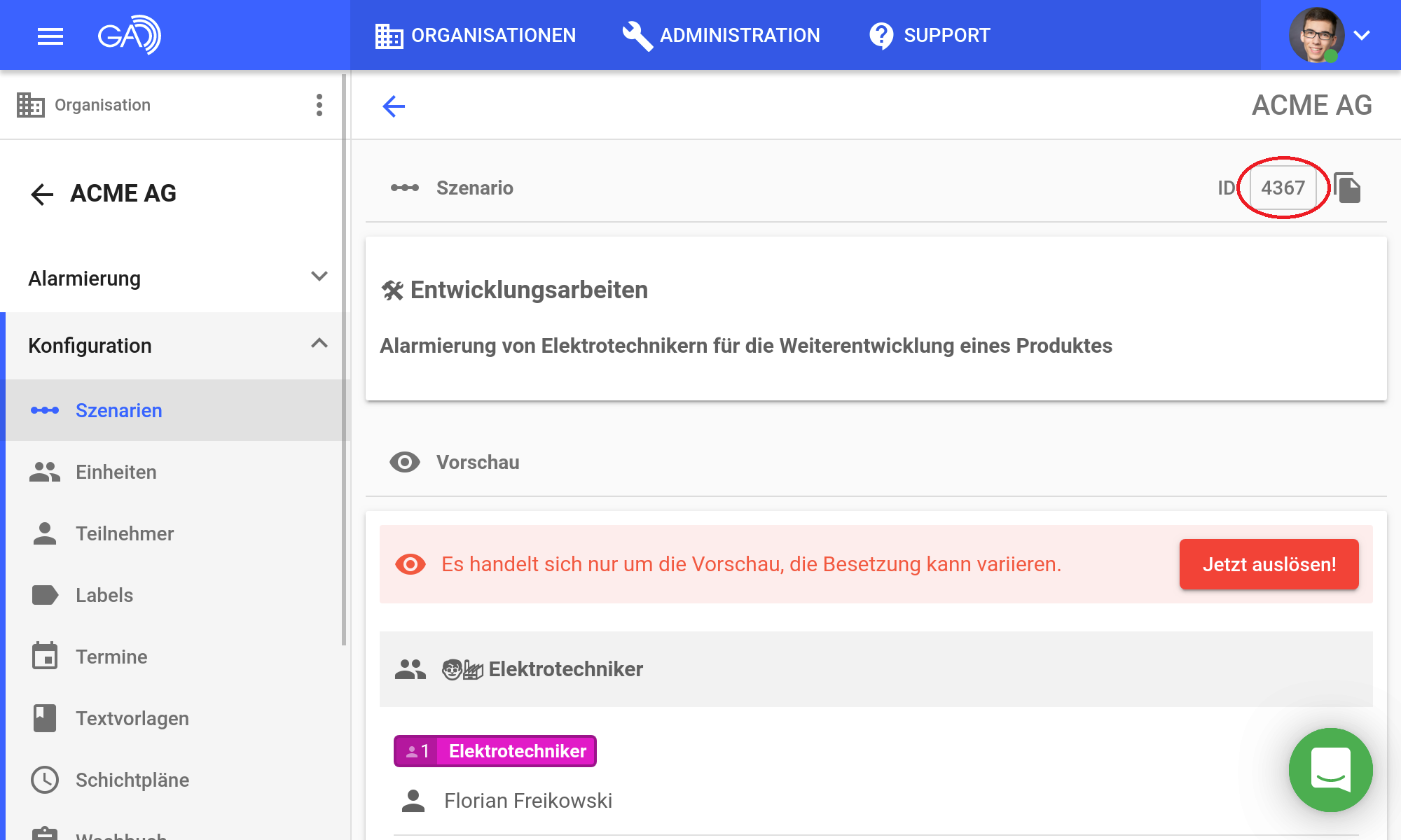 GroupAlarm - ID des Szenarios