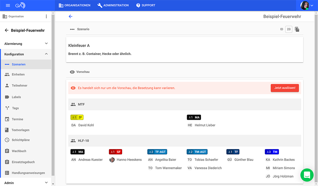 GroupAlarm - Szenario auslösen Feuerwehr