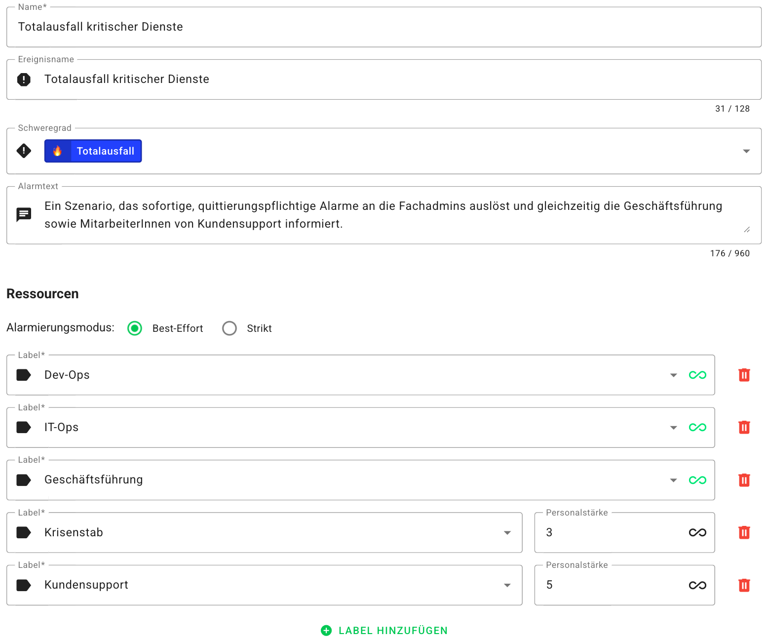 Übersicht angelegter Labels in GroupAlarm