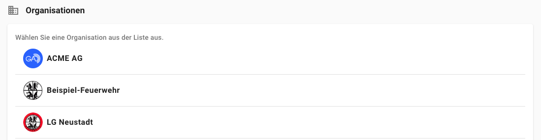 GroupAlarm Monitor - Liste der Organisationen